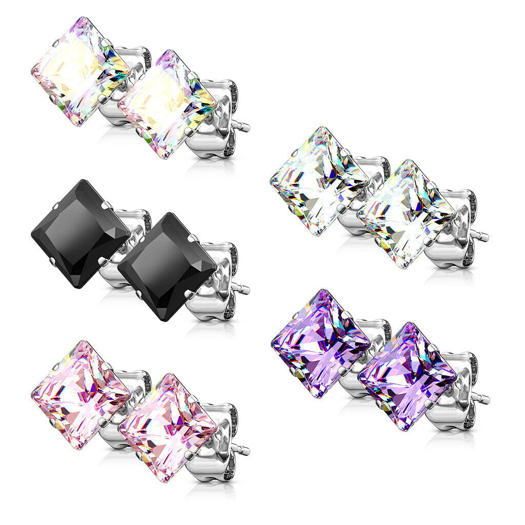 5 PAIRS Square CZ Gem Stud Earrings 316L Steel retail / display peggable card