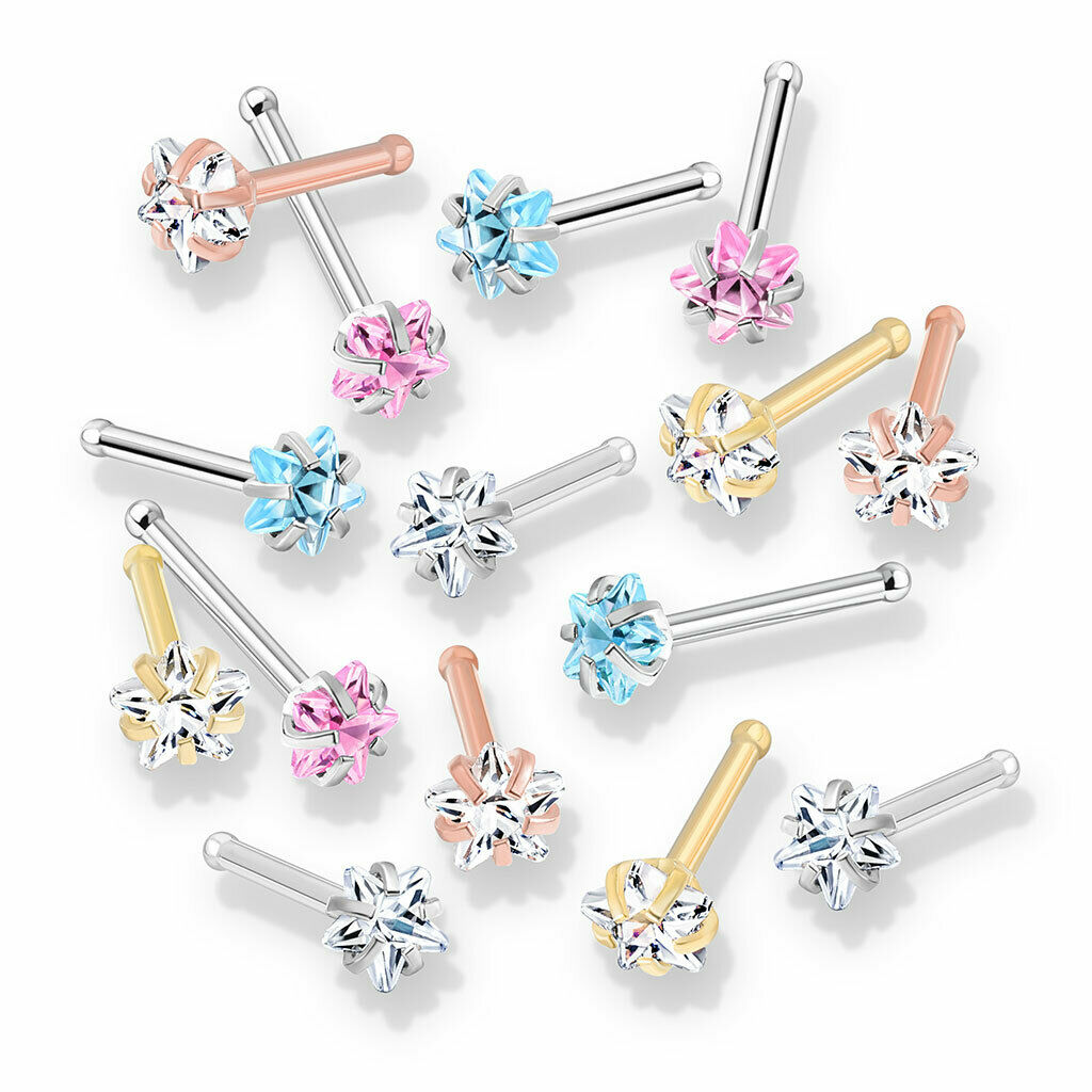5pcs Prong Set Star Gem Nose Ring Studs Bones 316L Surgical Steel Body Jewelry