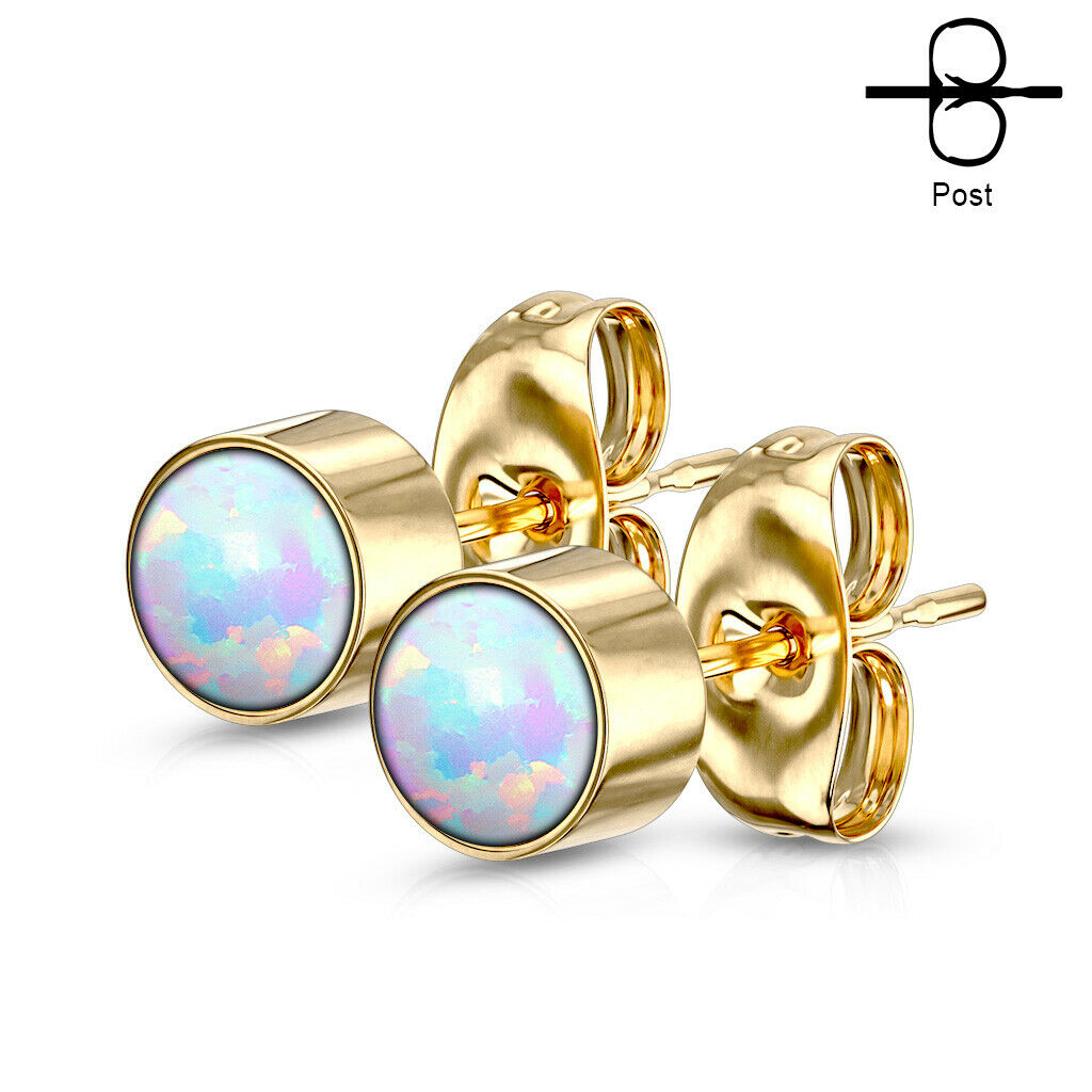 PAIR of Round Opal Bezel Set Earrings 20g 316L Stainless Steel