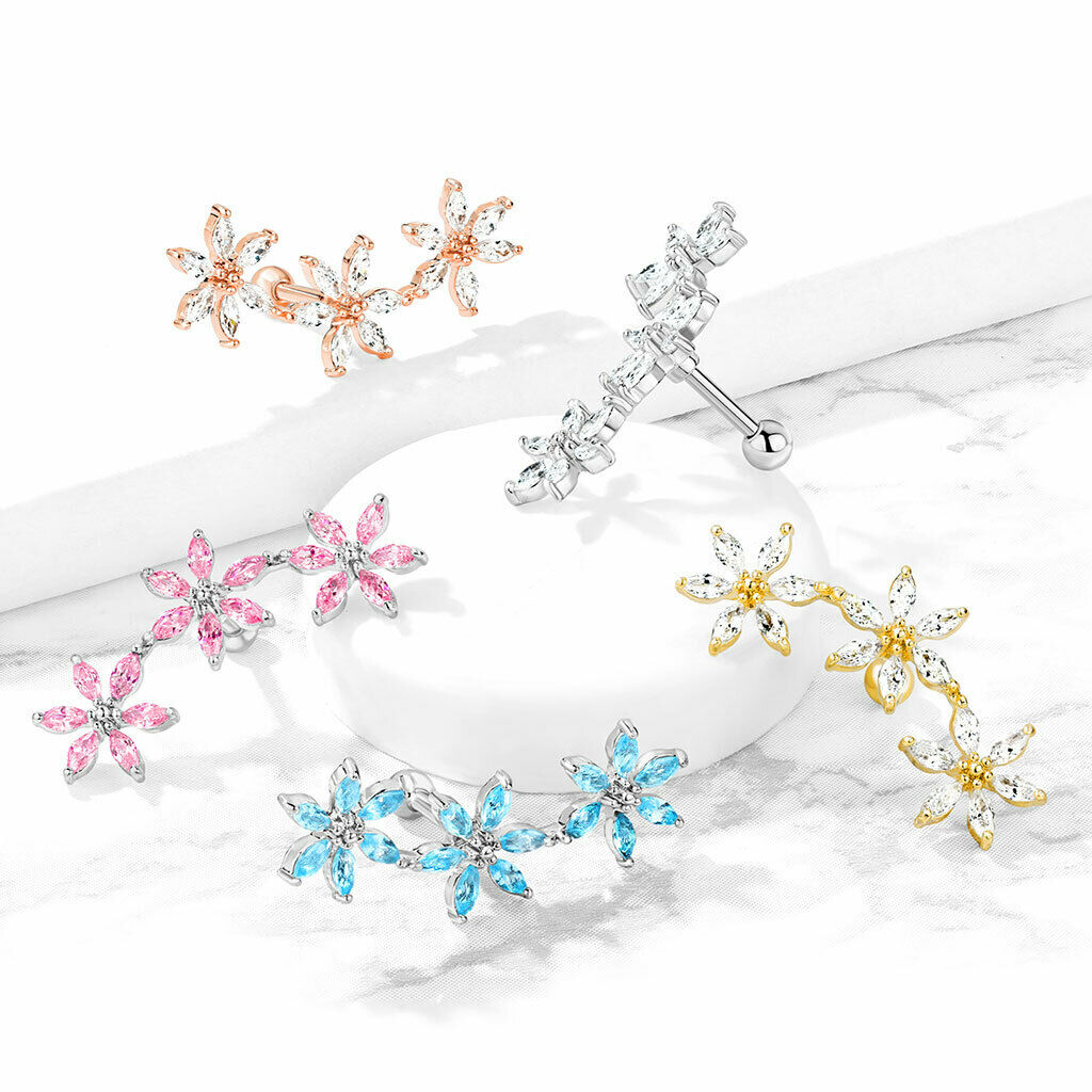 1pc Marquise CZ Gem Flowers Curve Helix Barbell Tragus Cartilage Ring 16g 1/4"
