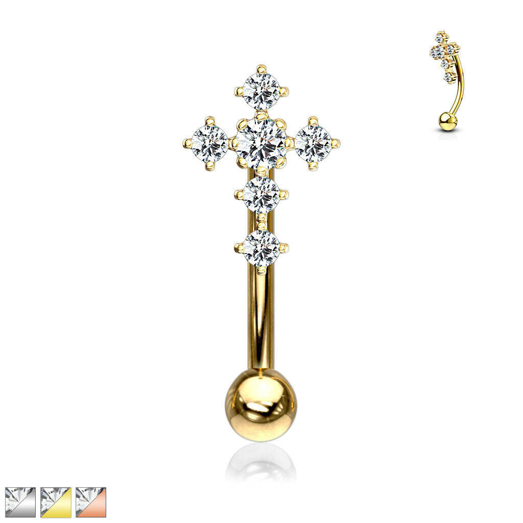 1pc CZ Gem Paved Cross Eyebrow Ring 16g Curved Barbell 16 Gauge