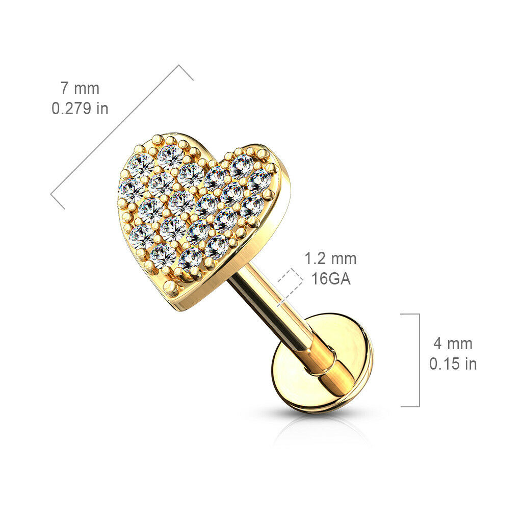 1pc CZ Paved Heart 16g Labret Internally Threaded Steel Monroe Tragus Helix