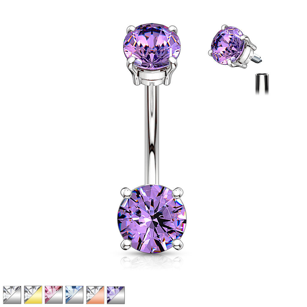Internally Threaded Steel Prong Set CZ Gems Belly Ring Pierced Navel Naval
