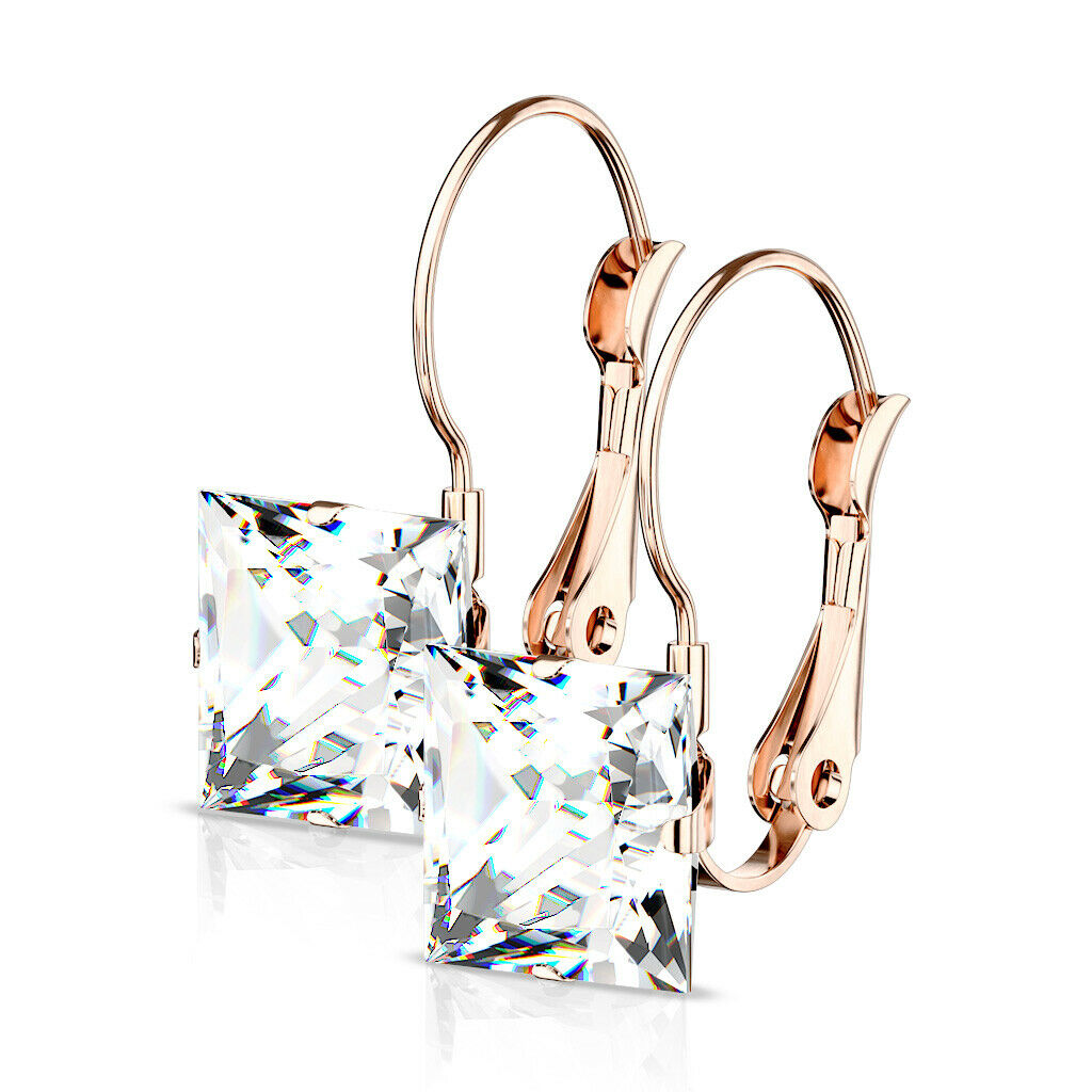 PAIR of Square CZ Gem Earrings w/ Lever Back 20g 316L Stainless Steel