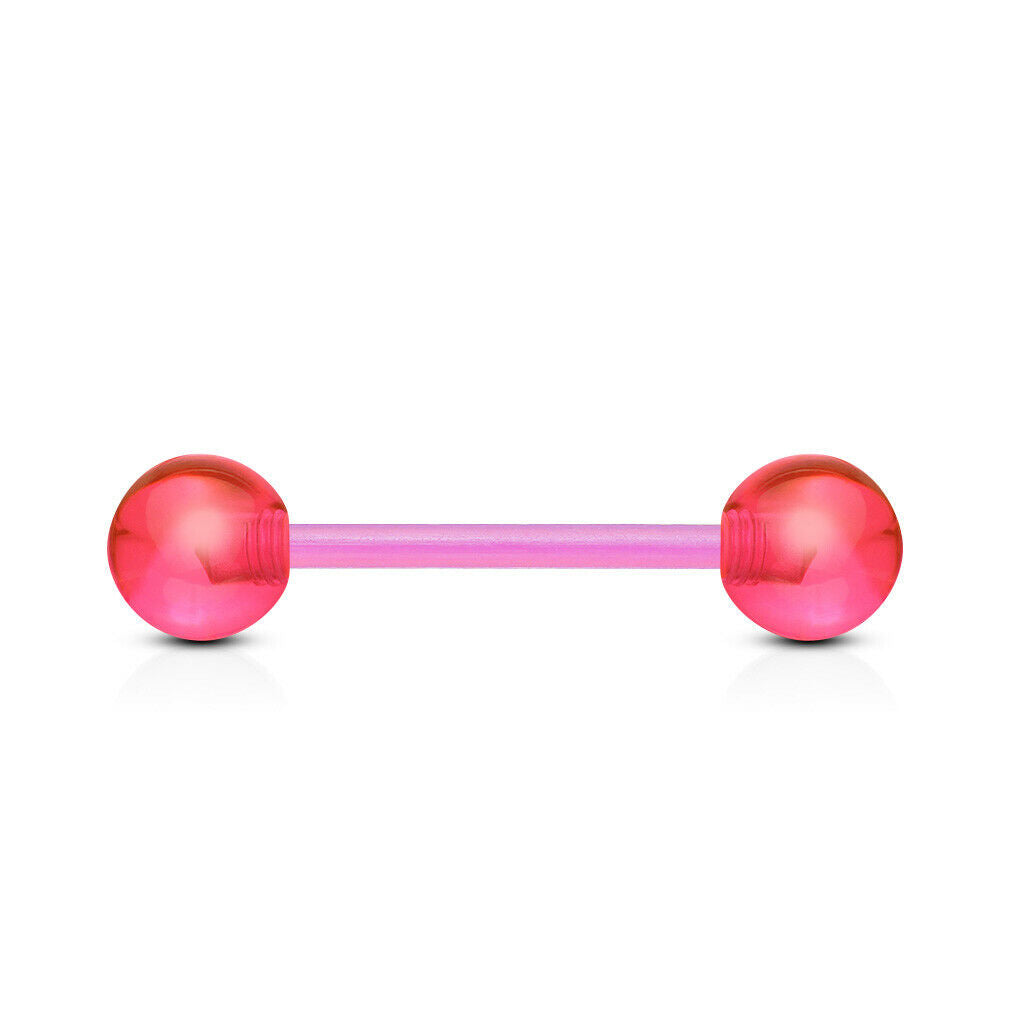 PAIR Flexible Barbell Nipple or Tongue Rings PTFE Transparent Balls NO METAL