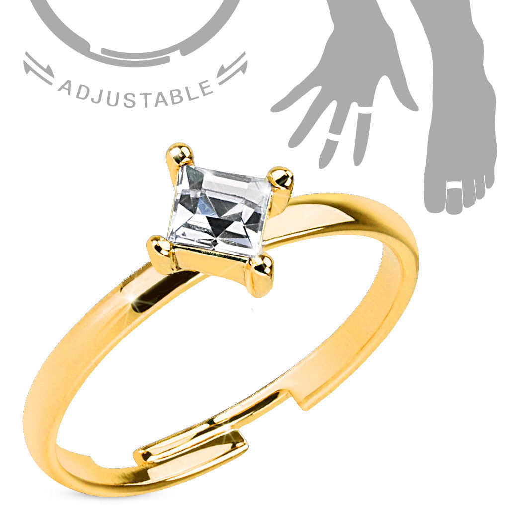 Prong Set Square CZ Gem Solitaire Adjustable Mid Ring / Toe Ring
