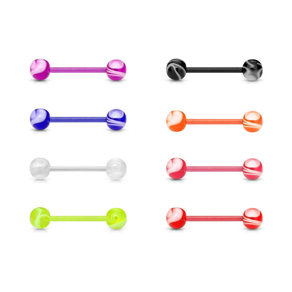 PAIR Flexible Barbell Nipple or Tongue Rings PTFE Marble Marbled NO METAL