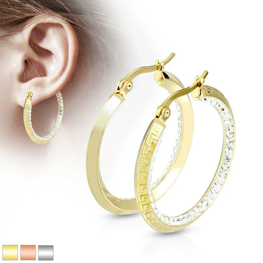 PAIR of Maze Hoop w/ Crystal Gem Paved Inner Edge Earrings 20g Stainless Steel