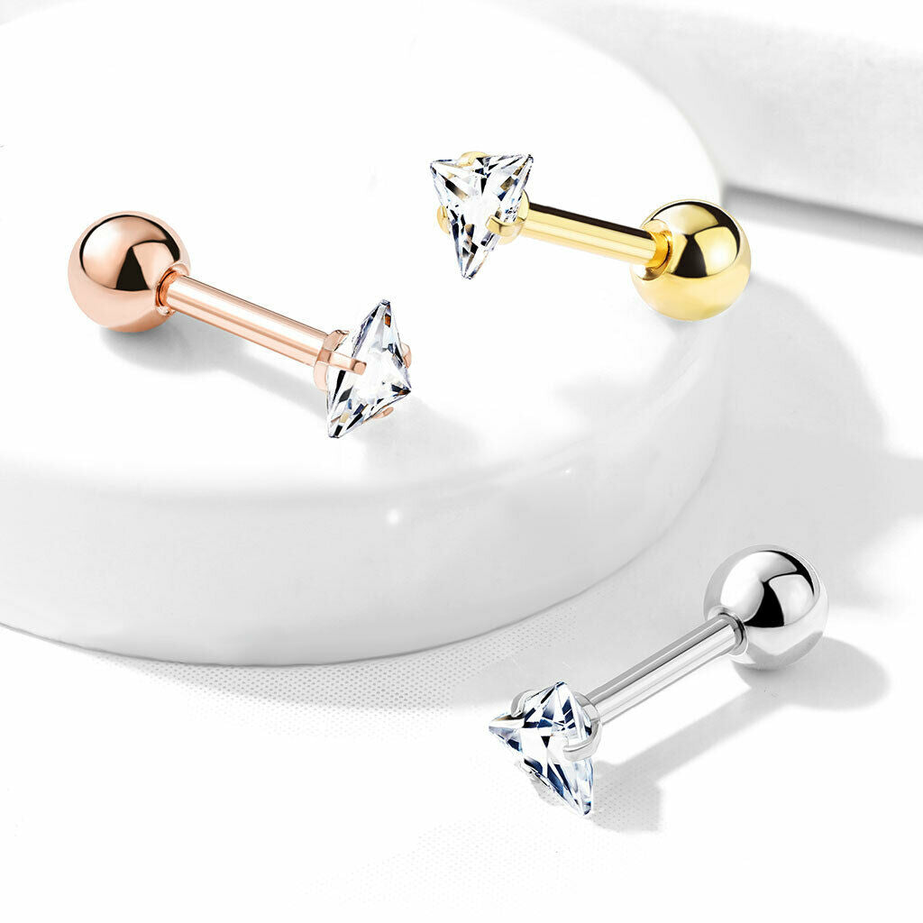 1pc Triangle CZ Gem Ion Plated Tragus Stud Helix Cartilage Ring Earring 16g 1/4"