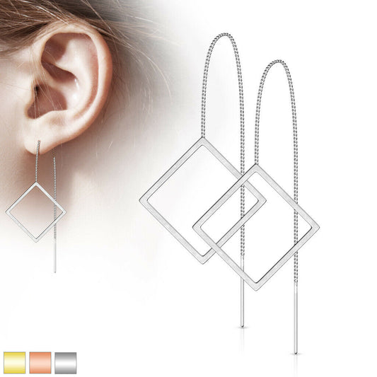 PAIR of Free Falling Chain Earrings w/ Bar & Open Square 20g Stainless Steel