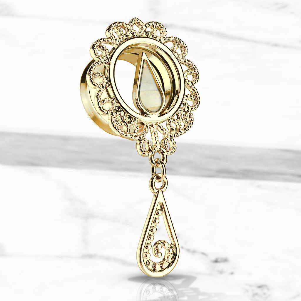 PAIR Gold Mother of Pearl Filigree Dangle Internally Threaded Tunnels Plugs
