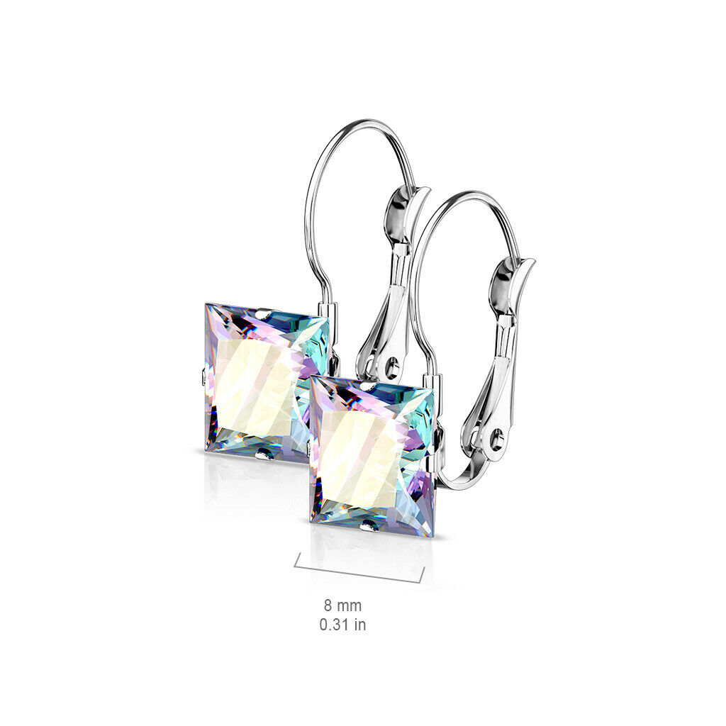 PAIR of Square CZ Gem Earrings w/ Lever Back 20g 316L Stainless Steel