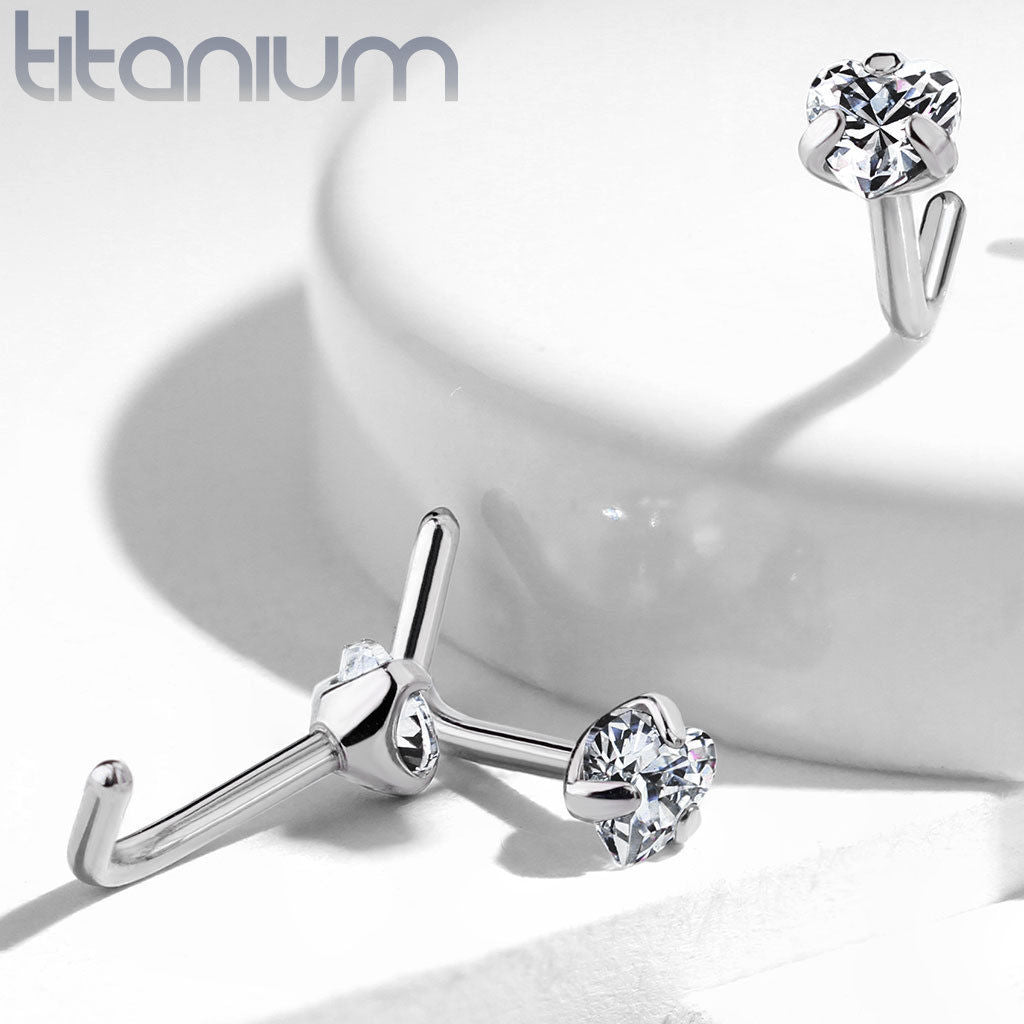 1pc Solid Grade 23 Titanium L-Bend Nose Ring w/ Heart CZ Gem
