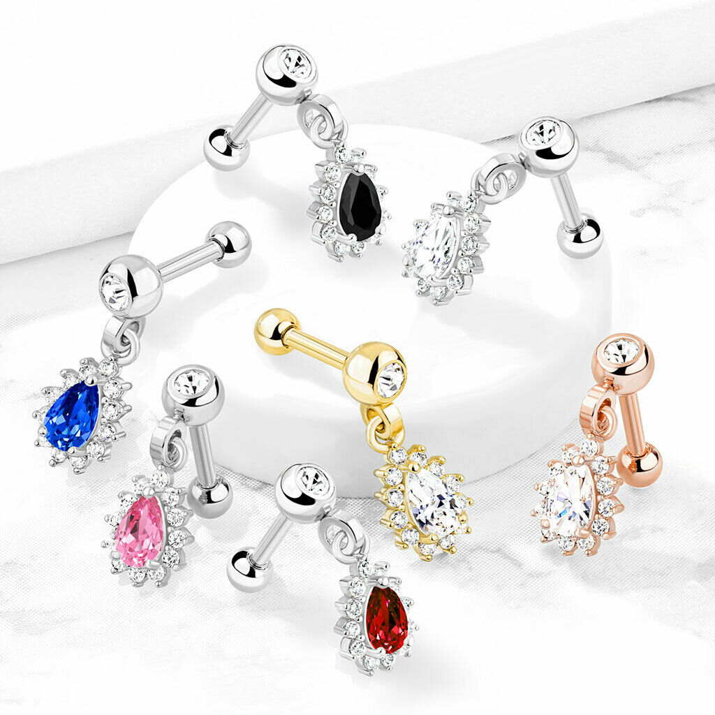 1pc CZ Gem Pear Dangle Surgical Steel Tragus Cartilage Barbell Ring 16g 1/4
