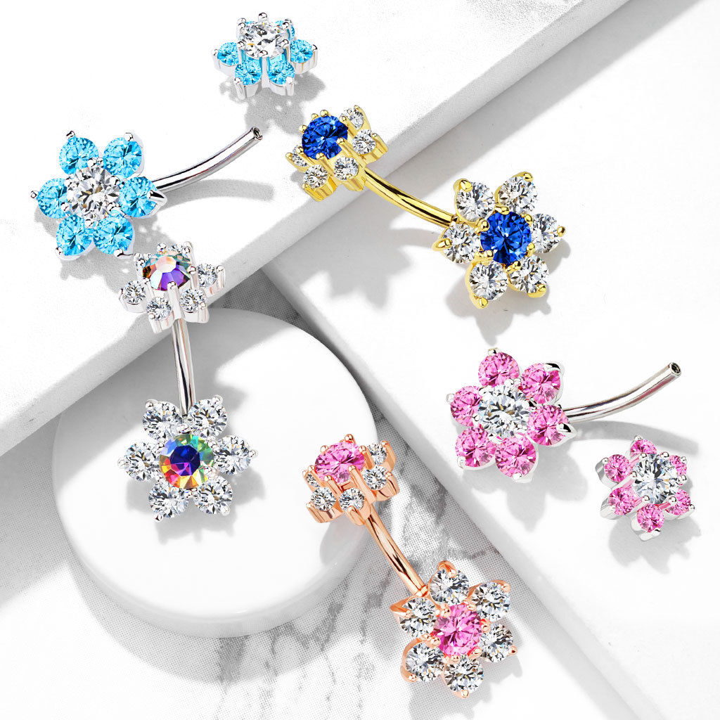 1pc Double 7 Gem Flower Internally Threaded Belly Ring
