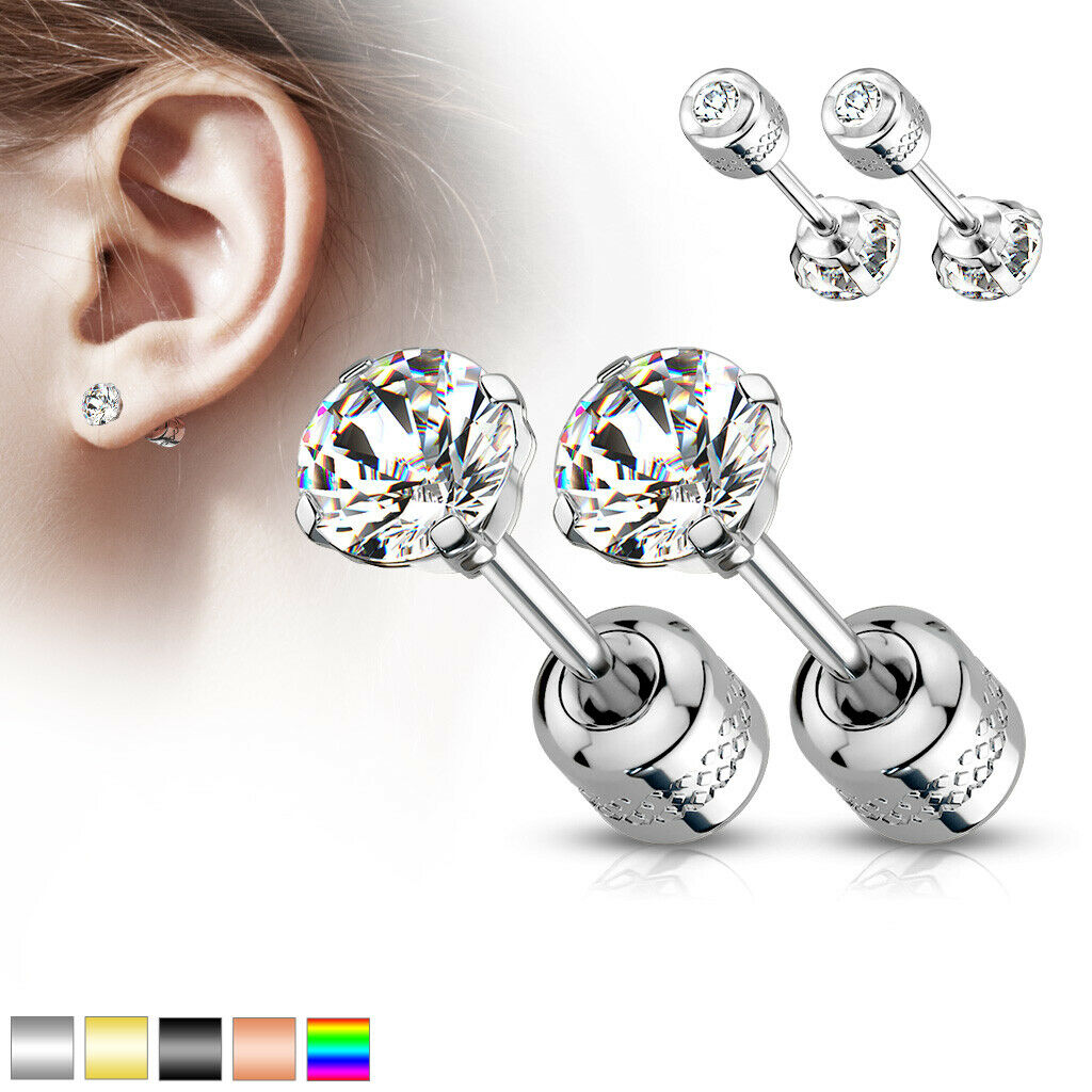 PAIR Prong Set CZ Gem Stud Rainbow Earrings w/ Gem Centered Screw Back Steel