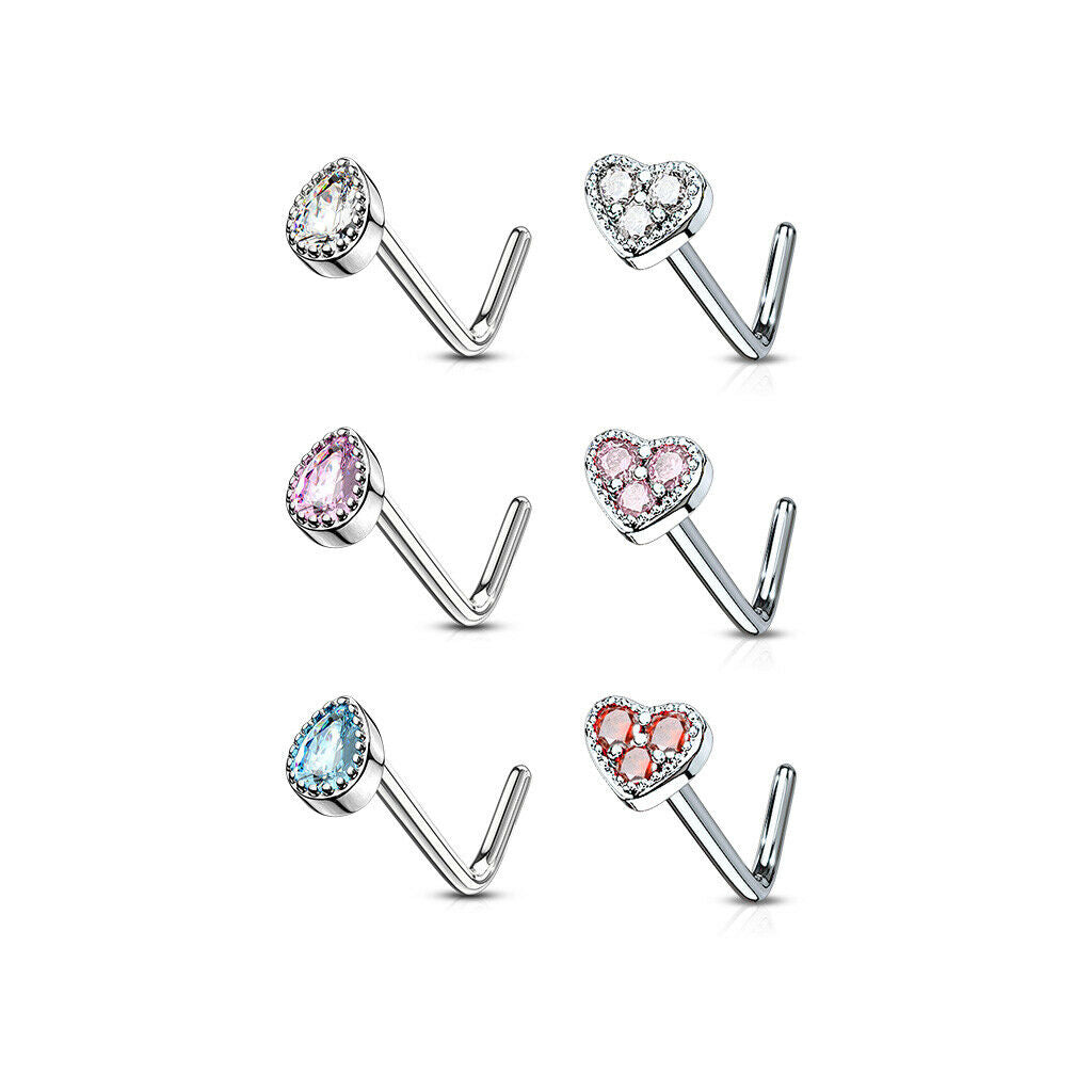 6pcs Tear Drop & Heart CZ Gem L-Bend Nose Rings 20g Steel Box Value Pack