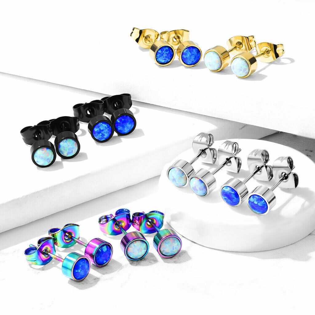 PAIR of Round Opal Bezel Set Earrings 20g 316L Stainless Steel