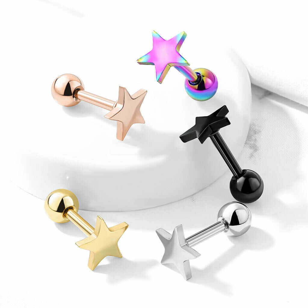 1pc Flat Star Top Helix Tragus Cartilage Bar Stud Earring 316L Surgical Steel