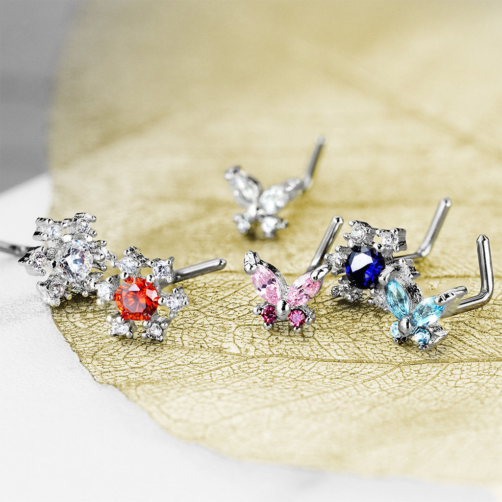 6pc Box Value Pack CZ Gem Butterfly & Flower 20g Steel L-Bend Nose Rings