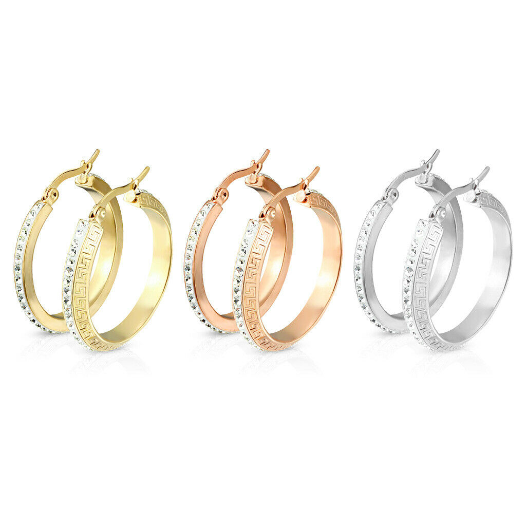 PAIR of Maze Hoop w/ Crystal Gem Paved Outer Rim Earrings 20g Stainless Steel