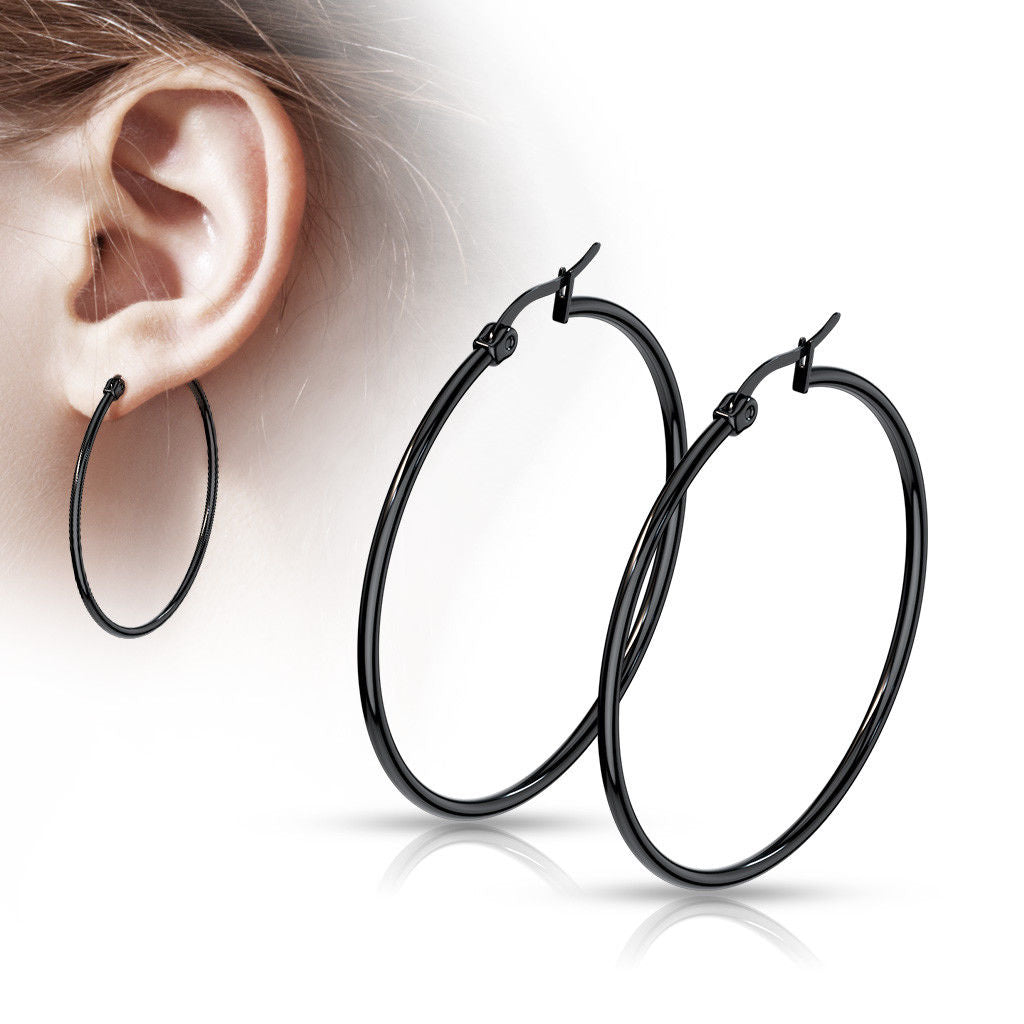 PAIR of Round Hoop Earrings 22g Black Ion Plated Stainless Steel