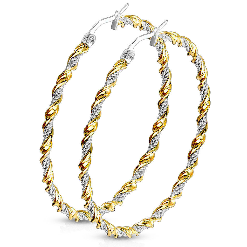 PAIR of Braided Twist Style Hoop Earrings 22g Gold Ion Plated Stainless Steel