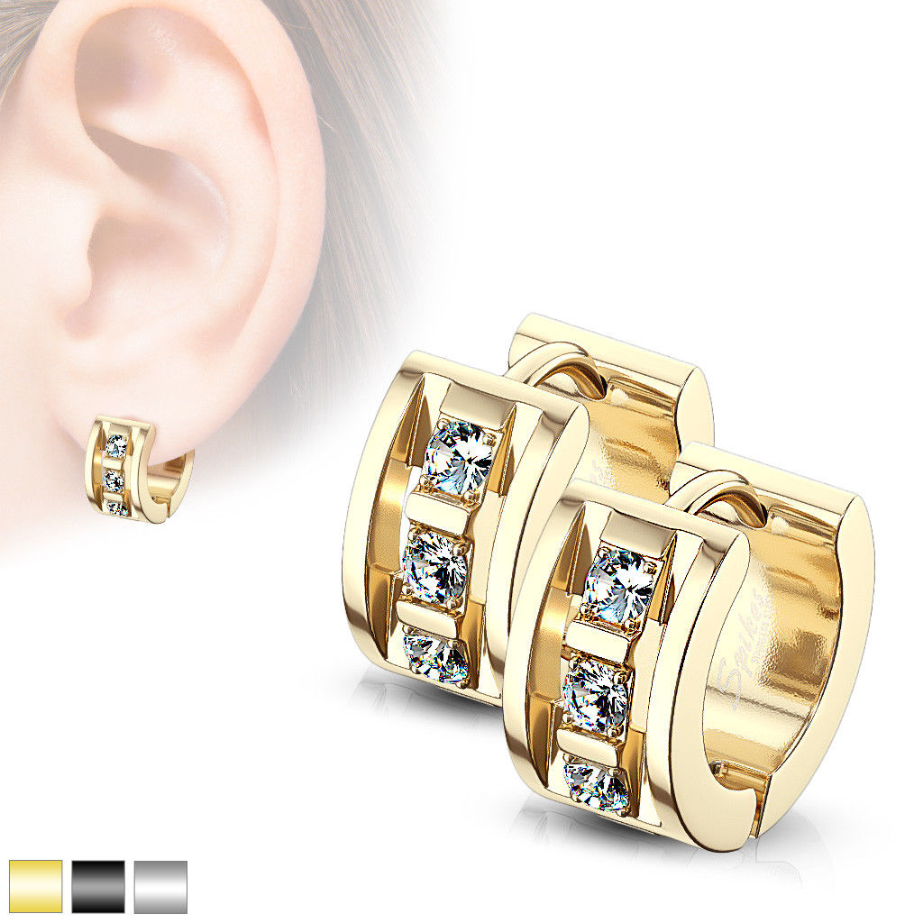 PAIR of Hoop Hinged Huggie Earrings 3 CNC Set CZ Gems