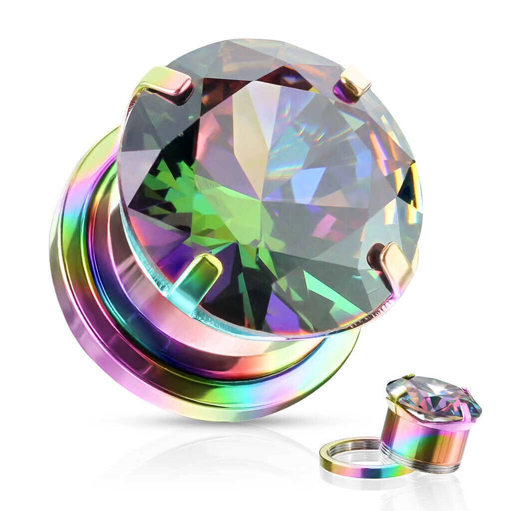 PAIR Large CZ Gem Screw Fit Tunnels Ear Plug Gauges - 8 color combos available!