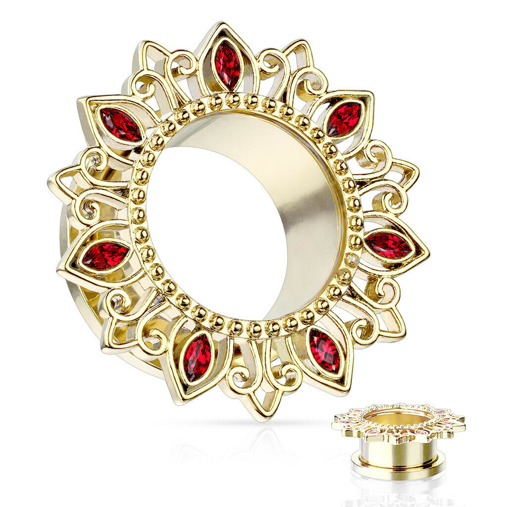 PAIR Tribal Lotus Flower Screw Fit Tunnels Plugs Earlets Gauges Gem Petals