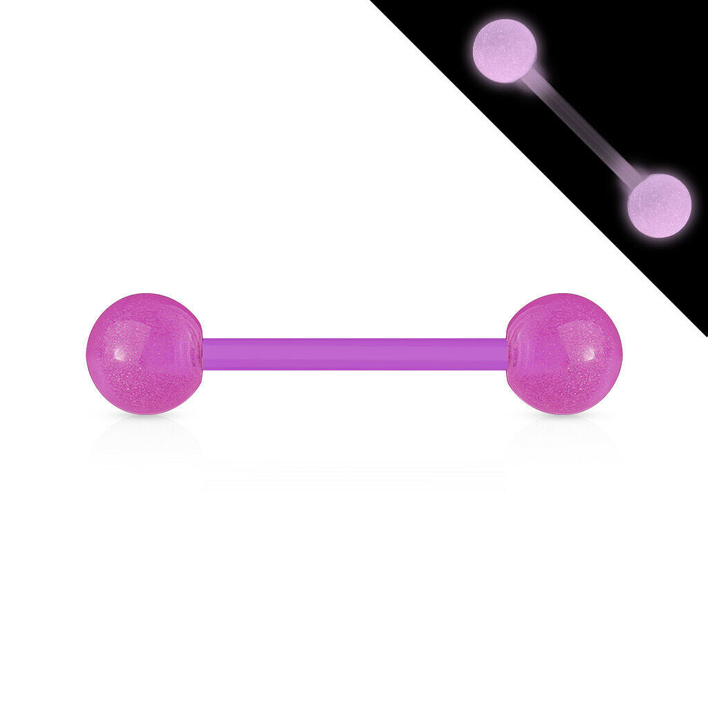 PAIR Flexible Barbell Nipple or Tongue Rings PTFE Glow In The Dark NO METAL