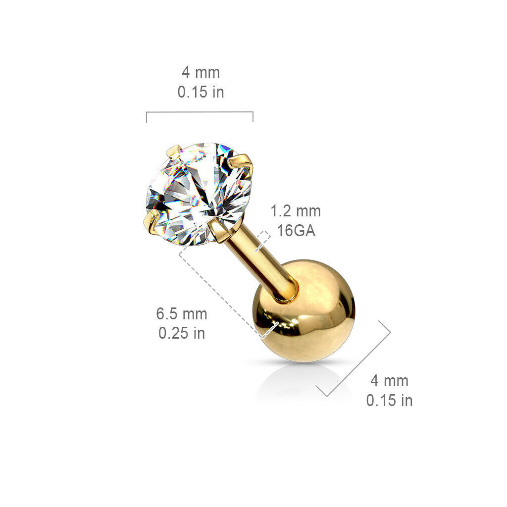 1pc Round CZ Gem Ion Plated Tragus Stud Helix Cartilage Ring Earring 16g 1/4"