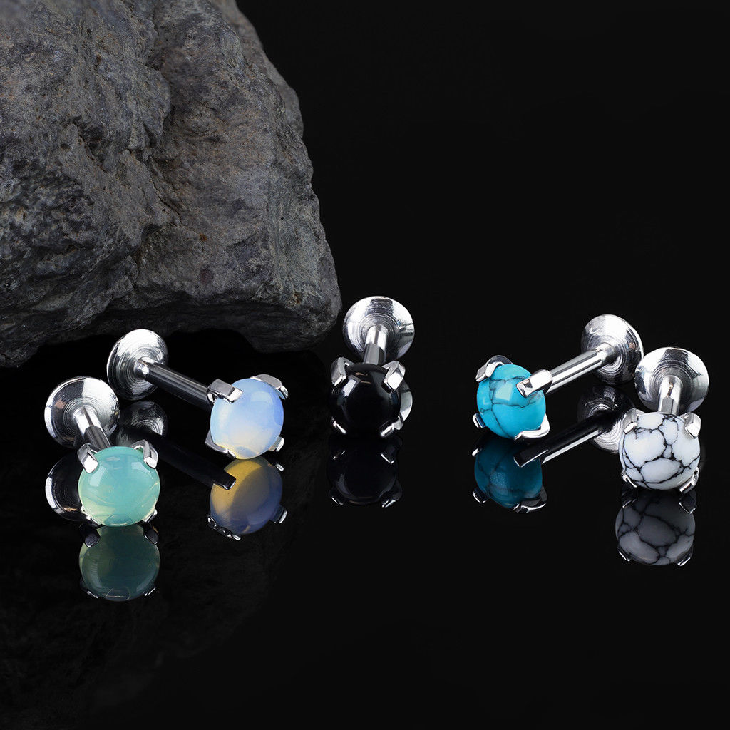 1pc Semi-Precious Stone Set 16g Internally Threaded Labret Stud Cartilage Ring