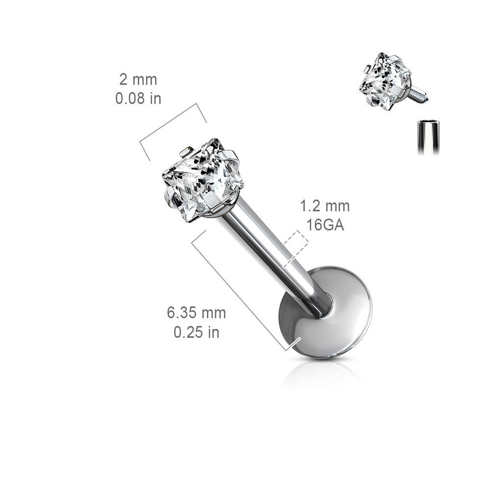 1pc Internally Threaded Solid Titanium Square Gem Labret, Monroe Stud Lip Ring