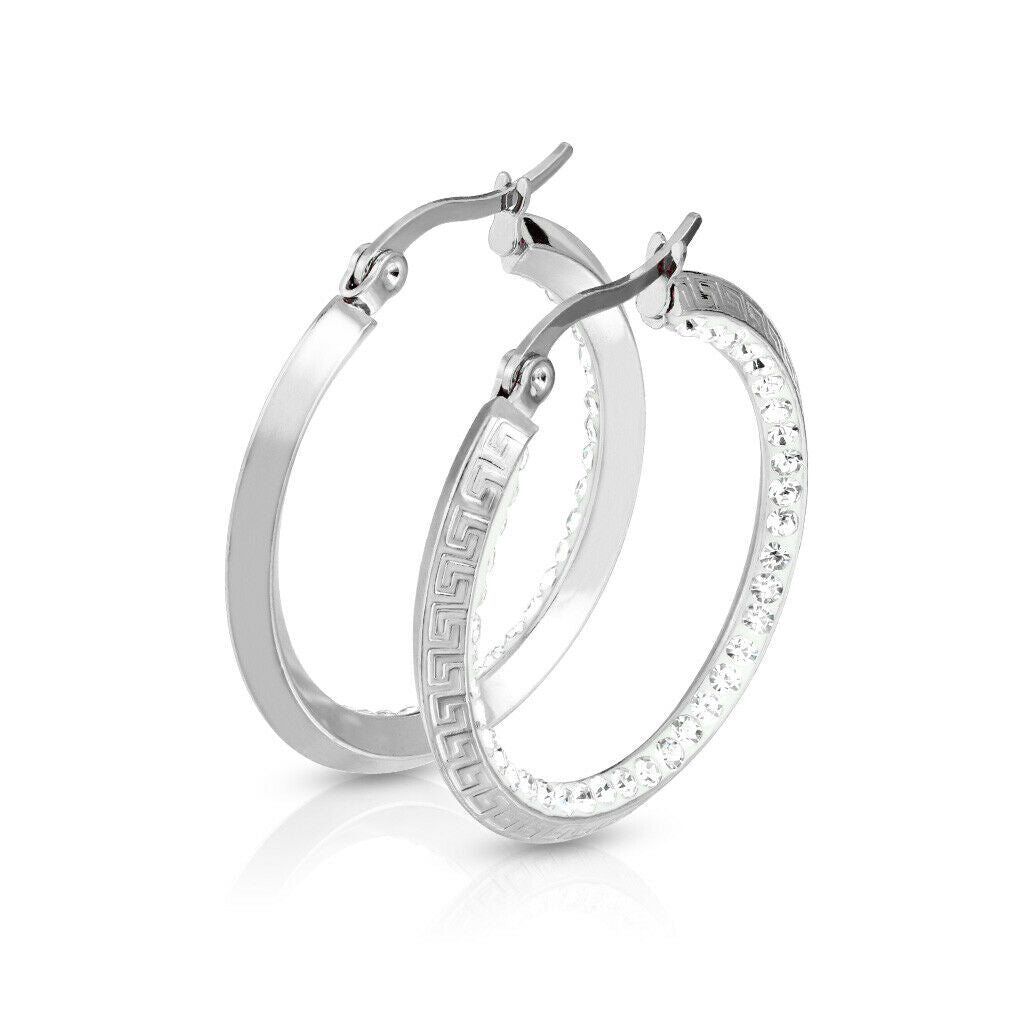PAIR of Maze Hoop w/ Crystal Gem Paved Inner Edge Earrings 20g Stainless Steel