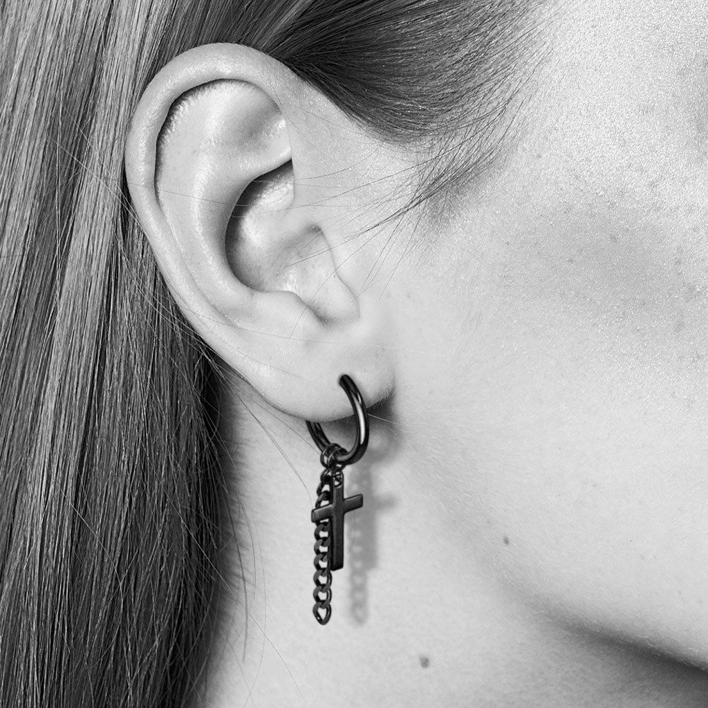 PAIR 316L Steel Hinge Action 20g Seamless Hoop Earrings w/ Cross & Chain Dangle