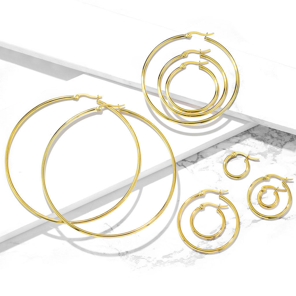 PAIR of Round Hoop Earrings 22g Gold Ion Plated Stainless Steel