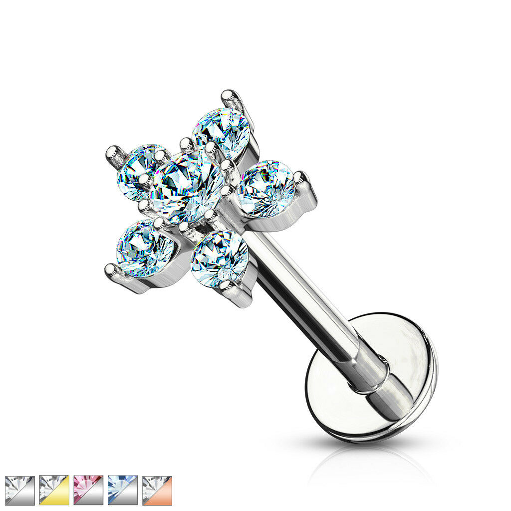 1pc Double Tier Gem Flower Labret 16g Internally Threaded Helix Tragus Cartilage