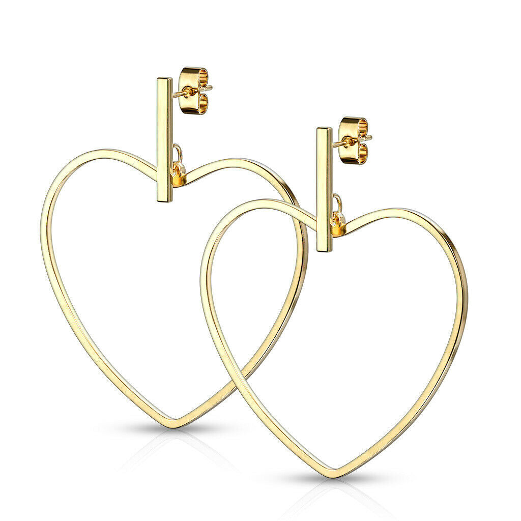PAIR of Bar & Heart Hoop Dangle 20g Earrings Studs Stainless Steel