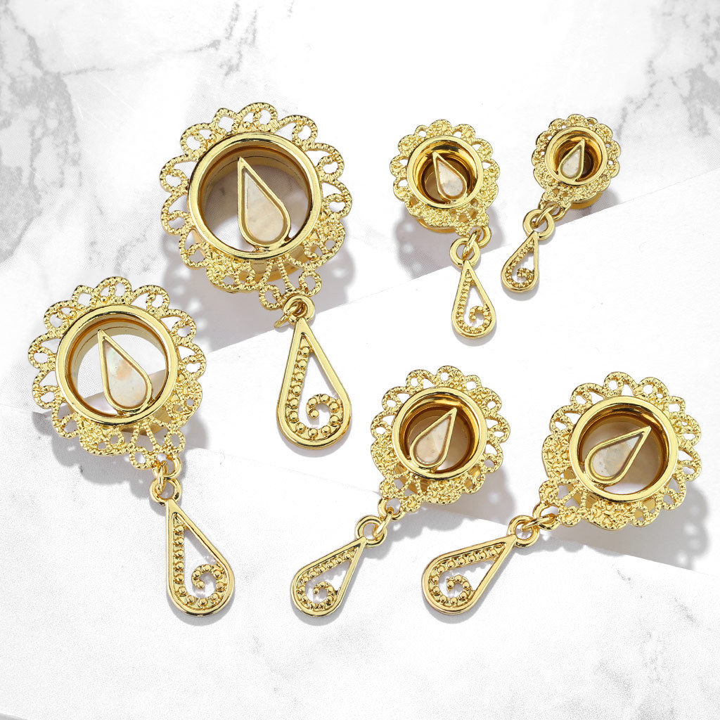 PAIR Gold Mother of Pearl Filigree Dangle Internally Threaded Tunnels Plugs