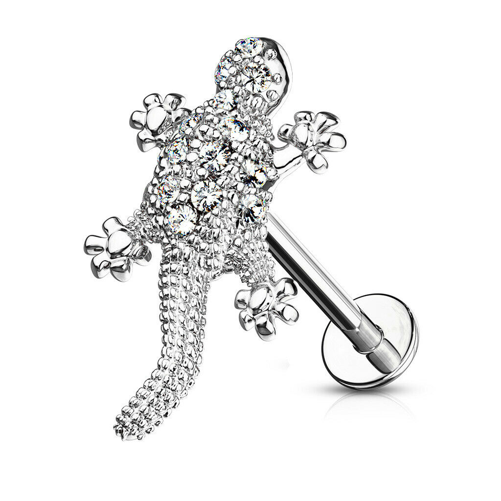 1pc CZ Paved Lizard 16g Labret Internally Threaded Steel Monroe Tragus Helix