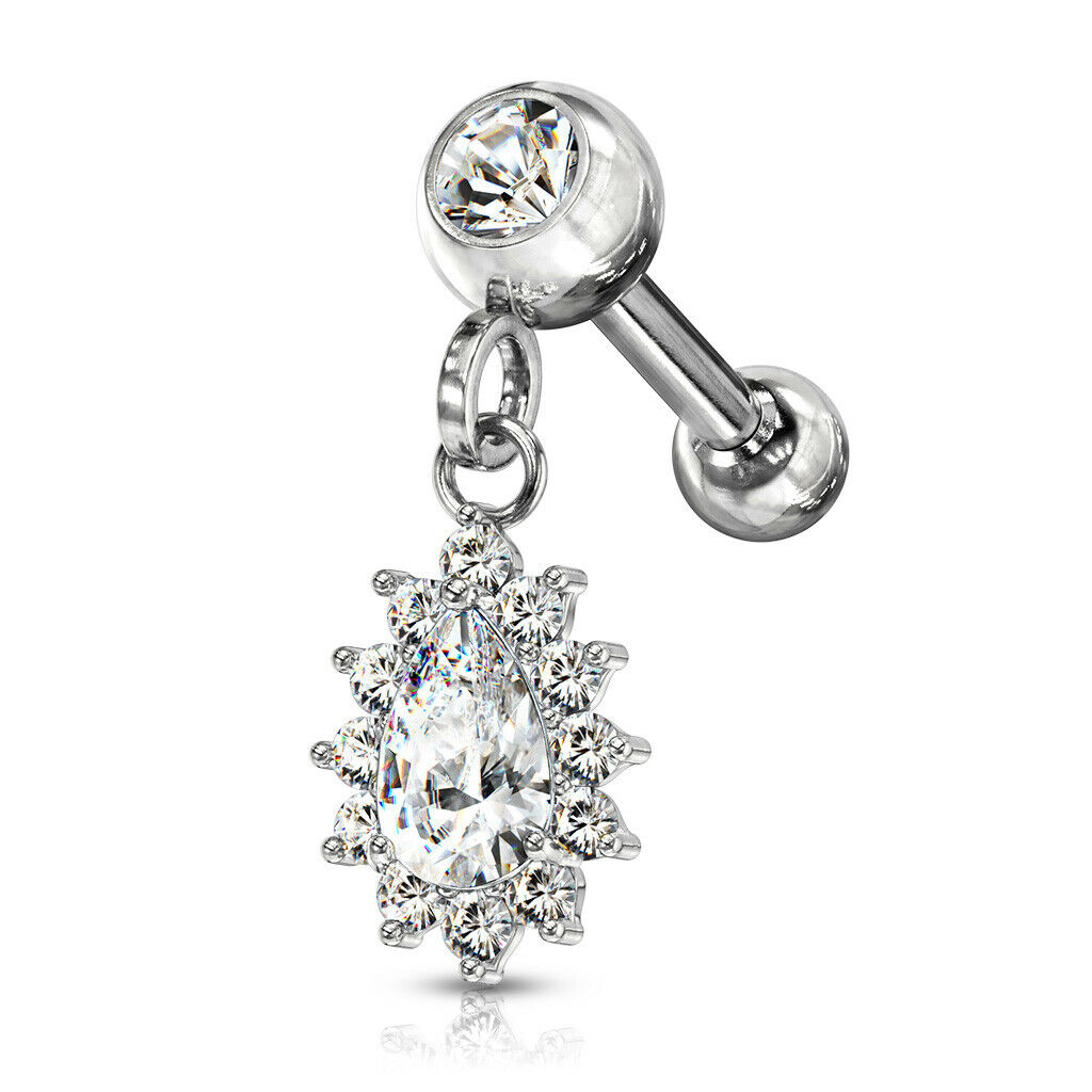 1pc CZ Gem Pear Dangle Surgical Steel Tragus Cartilage Barbell Ring 16g 1/4