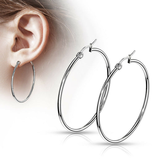 PAIR of Round Hoop Earrings Silver Color 22g 316L Stainless Steel