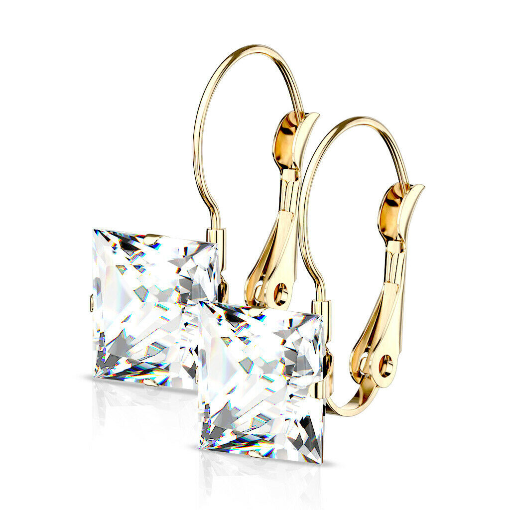 PAIR of Square CZ Gem Earrings w/ Lever Back 20g 316L Stainless Steel