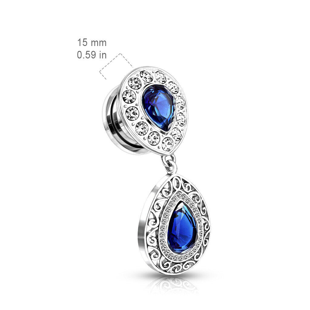 PAIR Crystal Paved Blue Teardrop Gems w/ Filigree Dangle Screw Fit Tunnel Plugs
