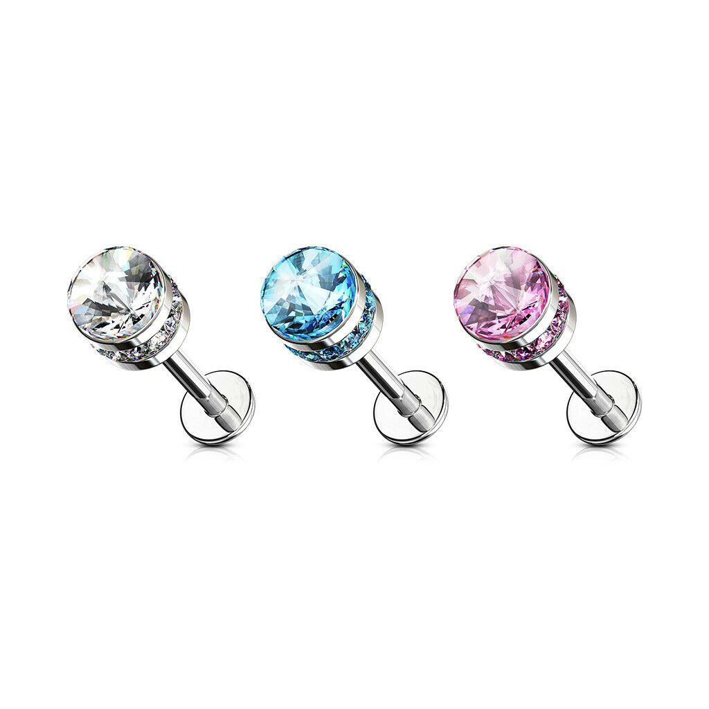 1pc Cystal Paved Side Gem Cylinder 16g Labret Internally Threaded Helix Tragus