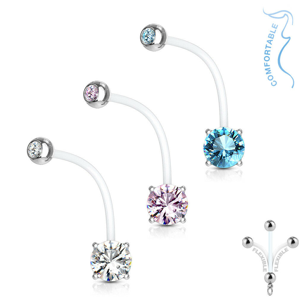 1pc Pregnancy Belly Ring CZ Gem Solitaire 1" Bio Flex Maternity Navel 14g