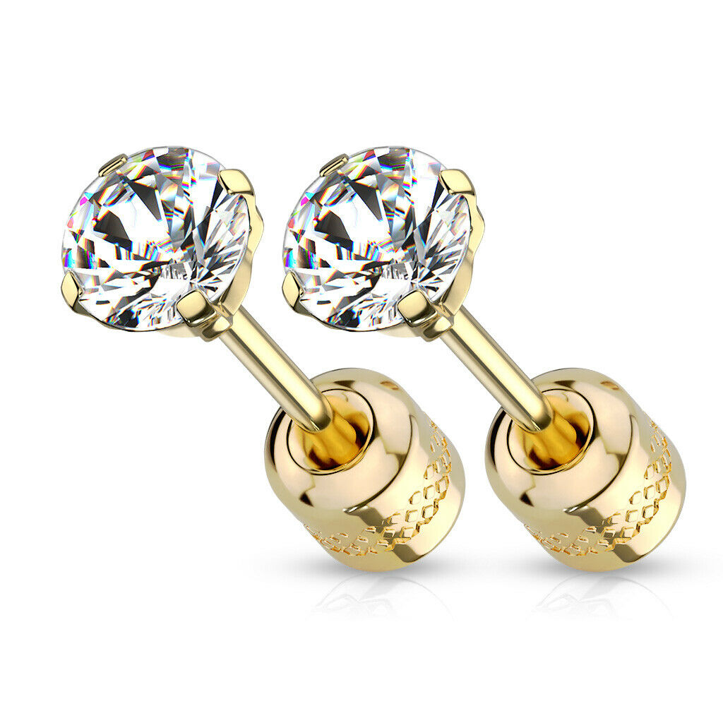 PAIR Prong Set CZ Gem Stud Gold Earrings w/ Gem Centered Screw Back Steel