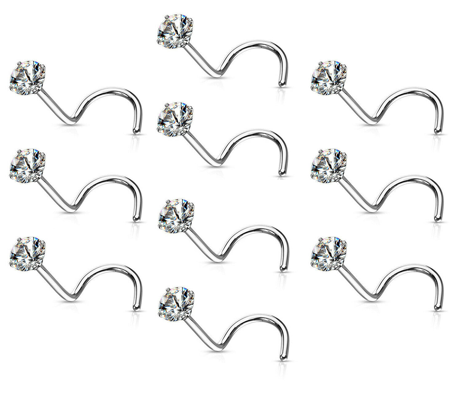 10pcs Prong Set Clear Gem Nose Rings Screws 18g 20g Wholesale Body Jewelry