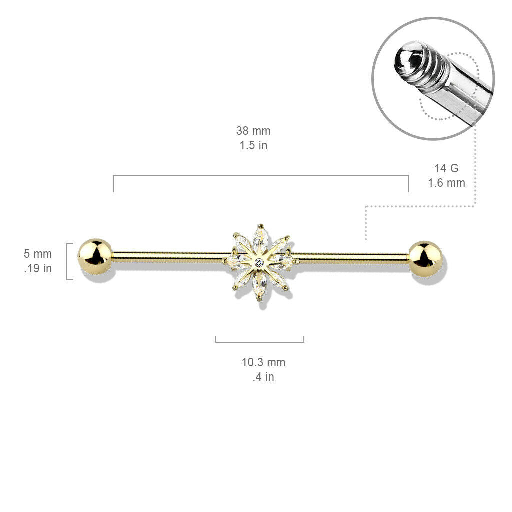 1pc Marquise CZ Gem Snowflake Industrial Barbell 38mm, 1.5", 1 & 1/2 inch inches